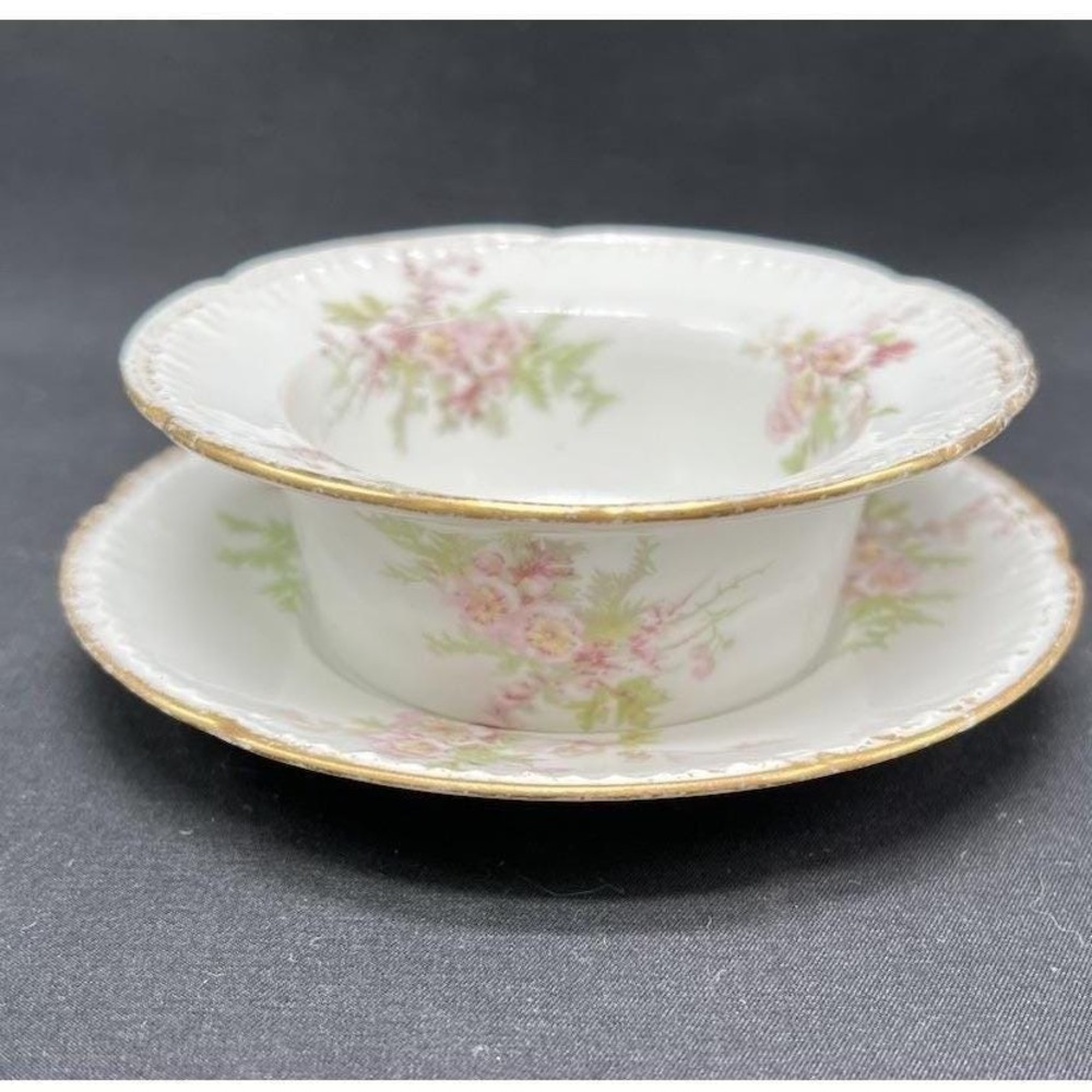 CH Field Haviland Limoges Pink Floral Porcelain Bouillon Cup and Saucer Set